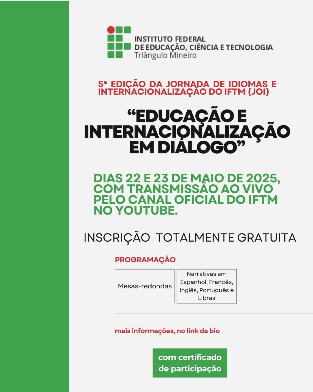 5ª edição da Jornada de Idiomas e Internacionalização do IFTM (JOI)