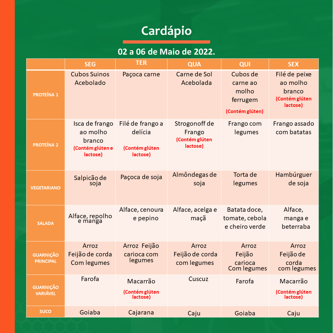 cardápio RU primeira semana de maio