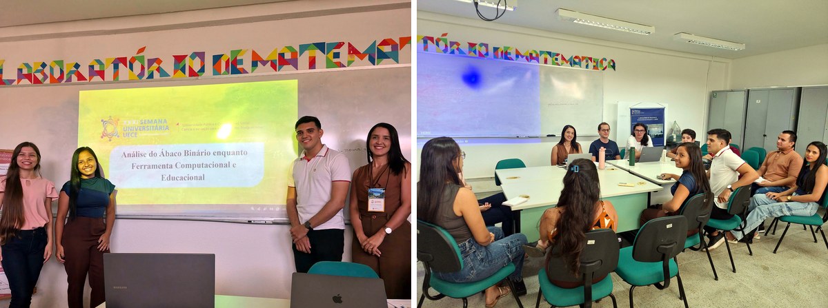 Colagem com duas fotos no Laboratório de Matemática: quatro pessoas ao lado da projeção do trabalho sobre o ábaco binário como ferramenta computacional e educacional e participantes reunidos em volta das mesas.