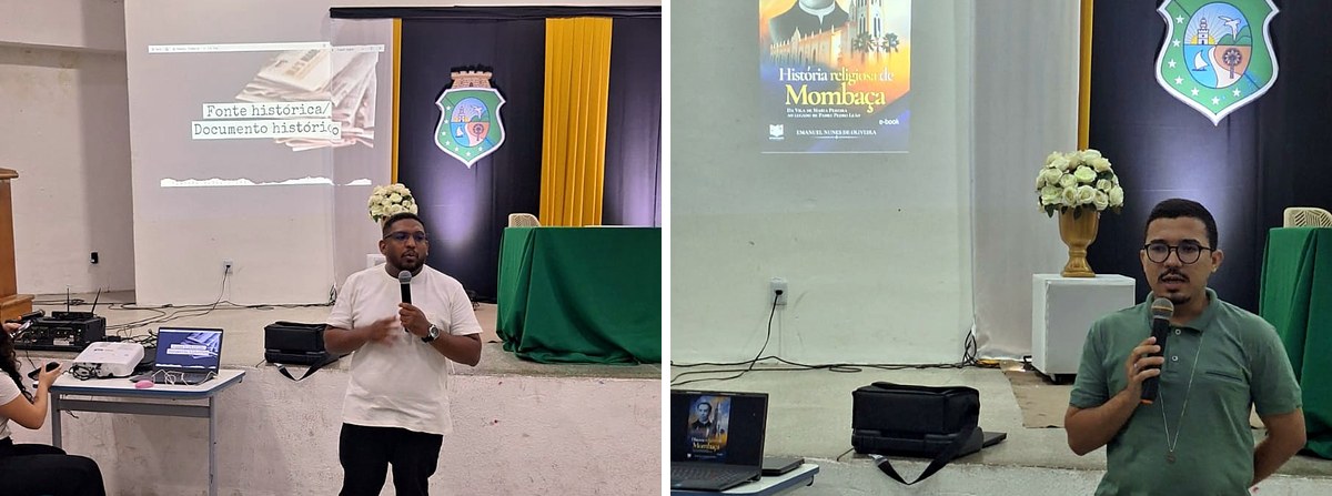 Colagem com duas fotos no auditório: palestrante ao microfone diante de projeção sobre fonte histórica e documento histórico e expositor apresenta um livro sobre a história religiosa de Mombaça.