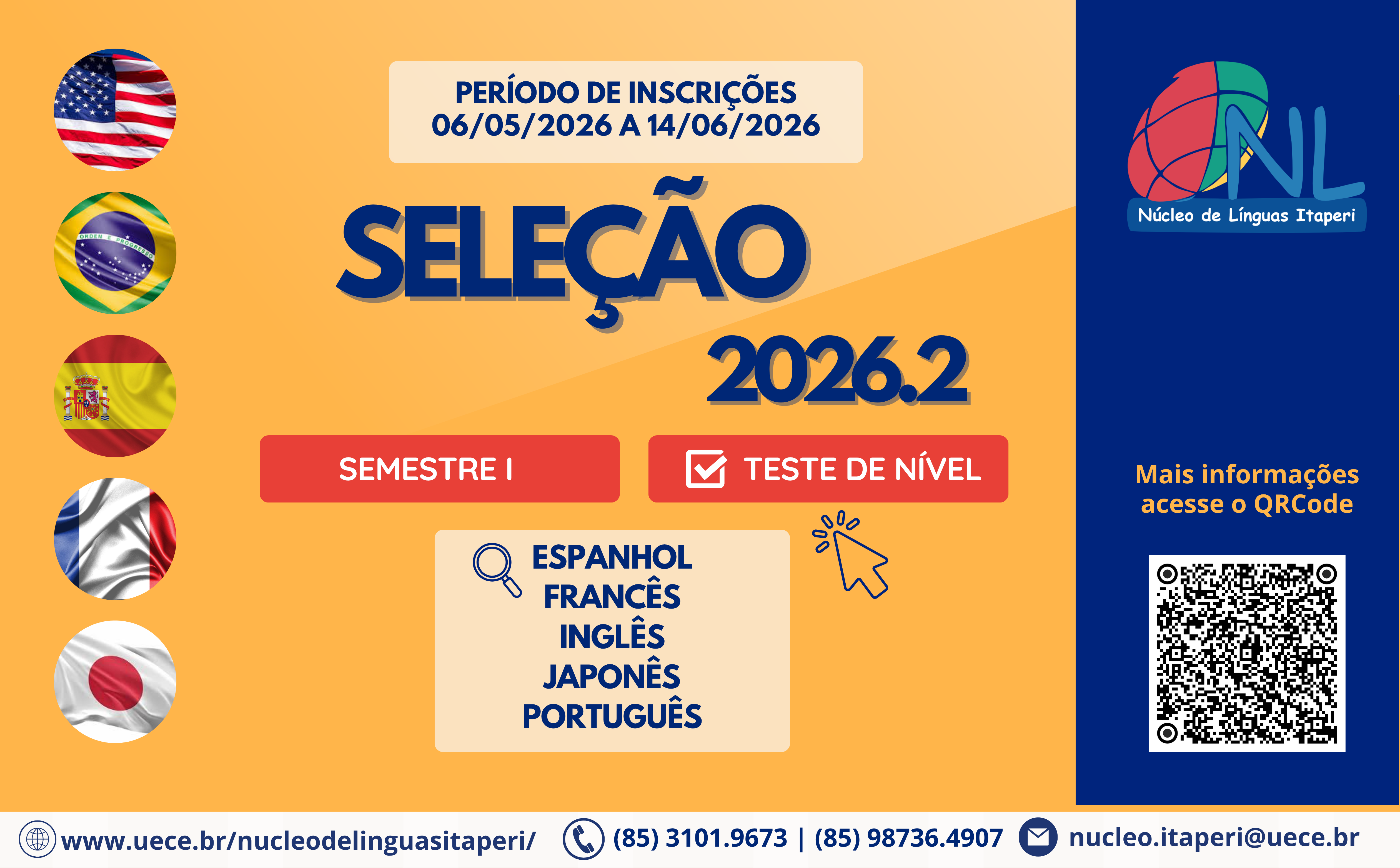 Inscrições abertas: Seleção Semestre I – Teste de Nível 2026.2