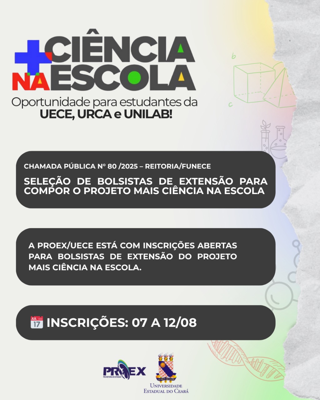 PROEX/UECE lança edital para seleção de bolsistas de extensão do Projeto Mais Ciência na Escola