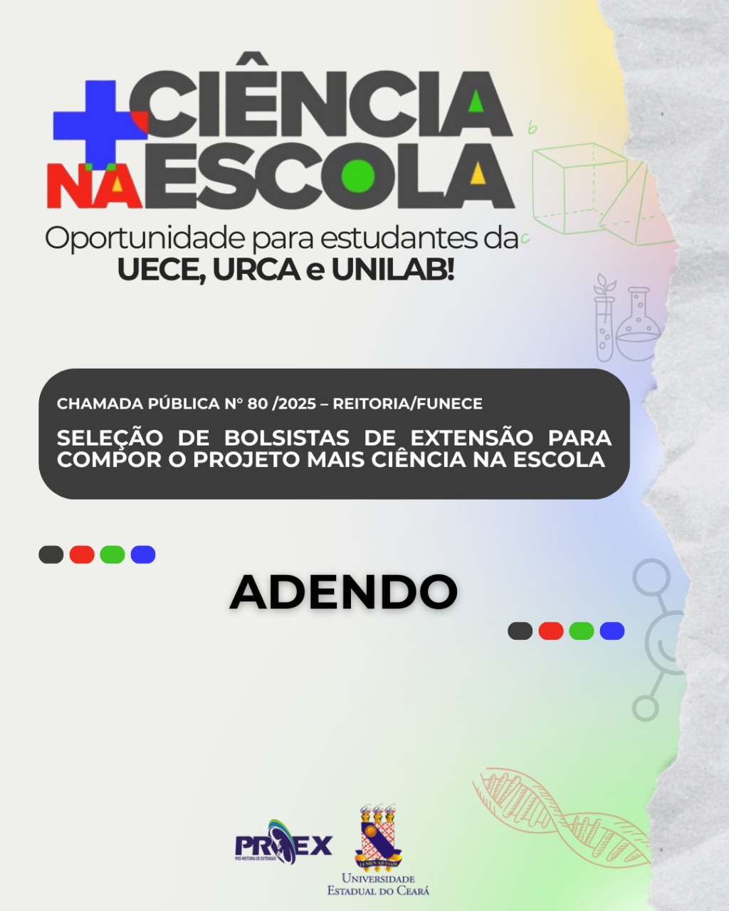 PROEX/UECE divulga adendo ao Edital nº 80/2025 – Projeto Mais Ciência na Escola