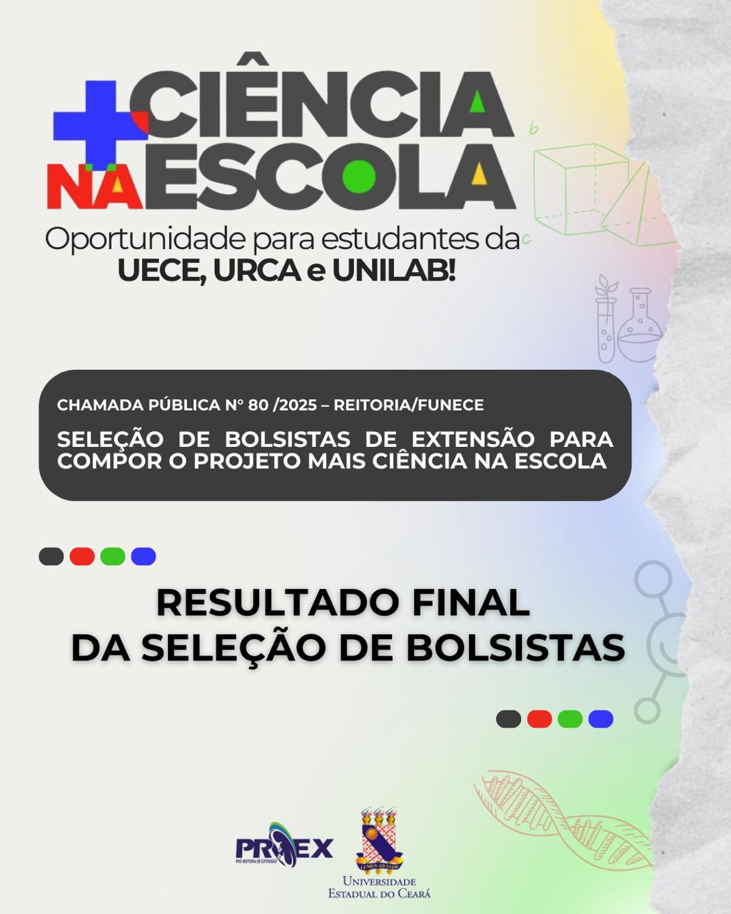 Resultado Final da Seleção de Bolsistas – PROEX Edital nº 80/2025 – Projeto Mais Ciência na Escola/PROEX-UECE