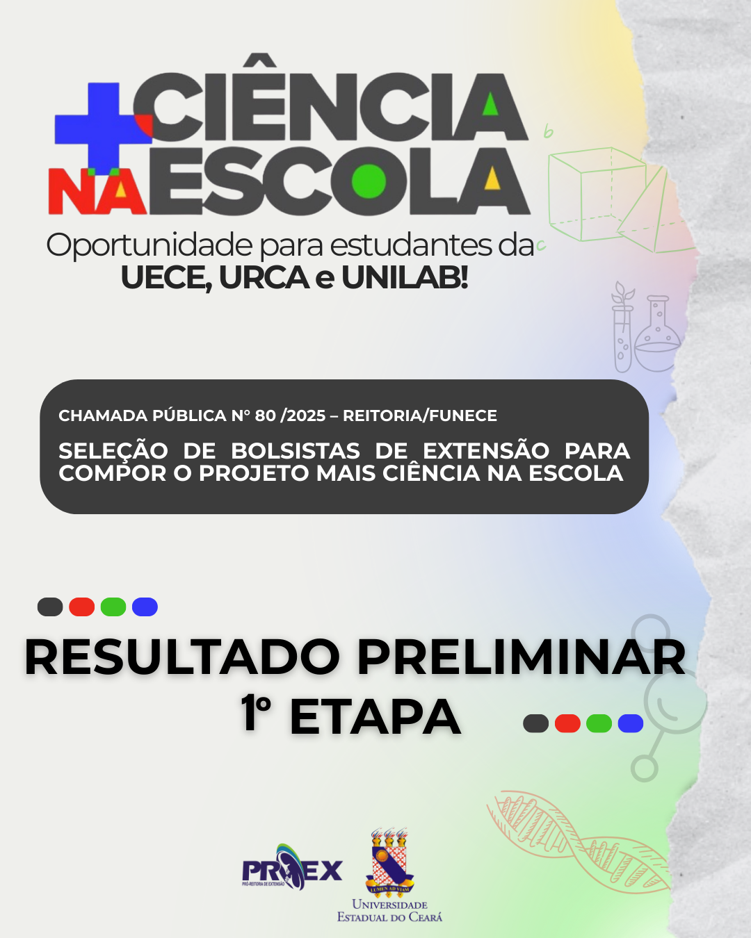 PROEX/UECE divulga resultado preliminar da 1ª etapa da Chamada Pública nº 80/2025 – Projeto Mais Ciência na Escola