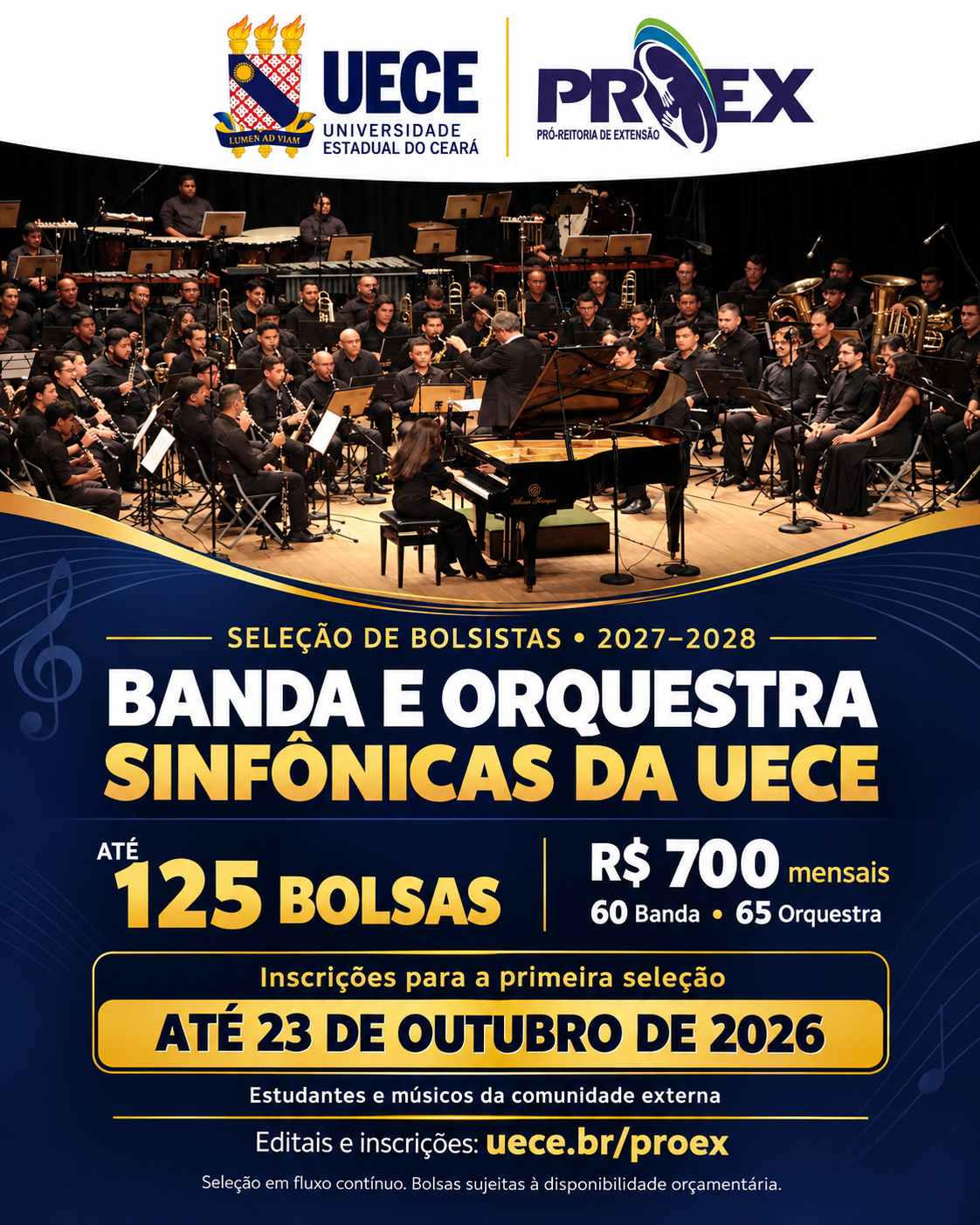 Proex lança chamadas públicas prevendo até 125 bolsas para Banda e Orquestra Sinfônicas em seleções para 2027 e 2028