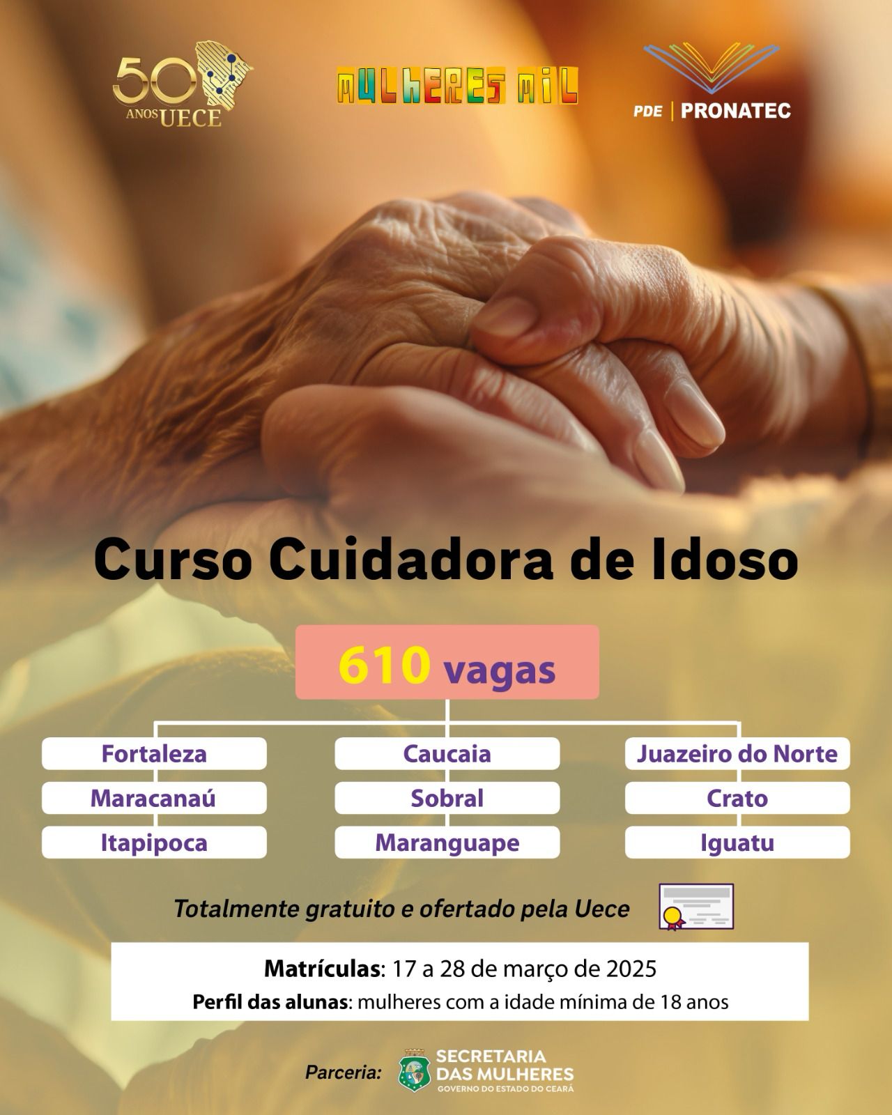 Inscrições abertas para curso Cuidadora de Idoso