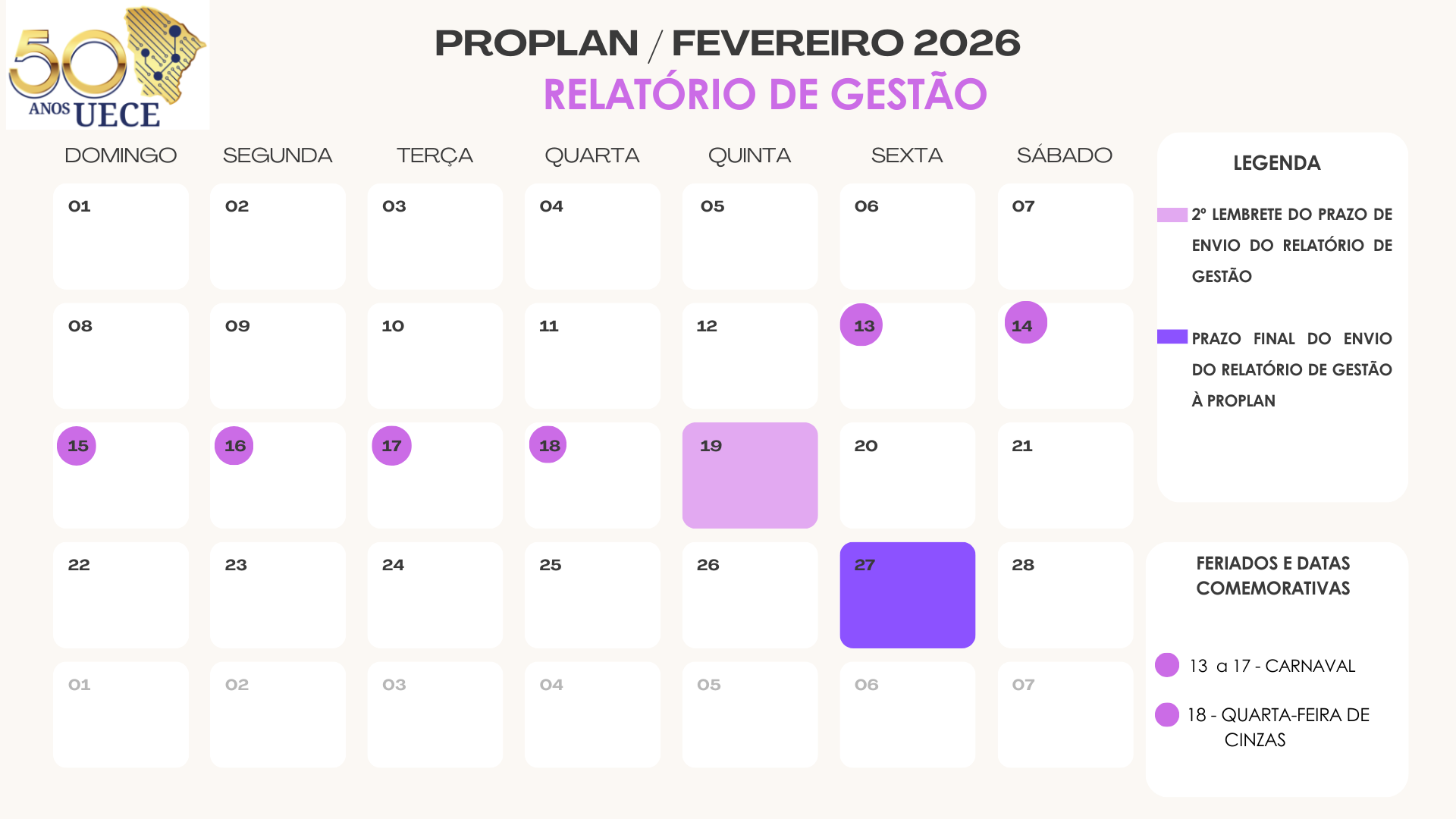 Calendário Fevereiro 2026