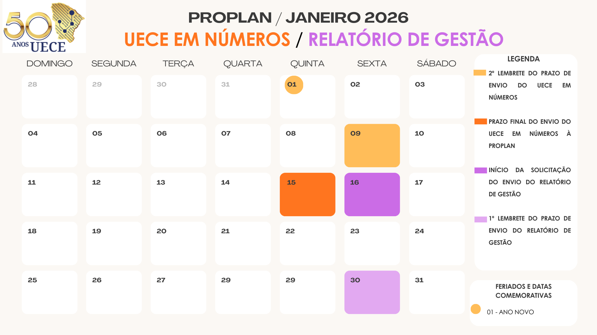 Calendário Janeiro 2026