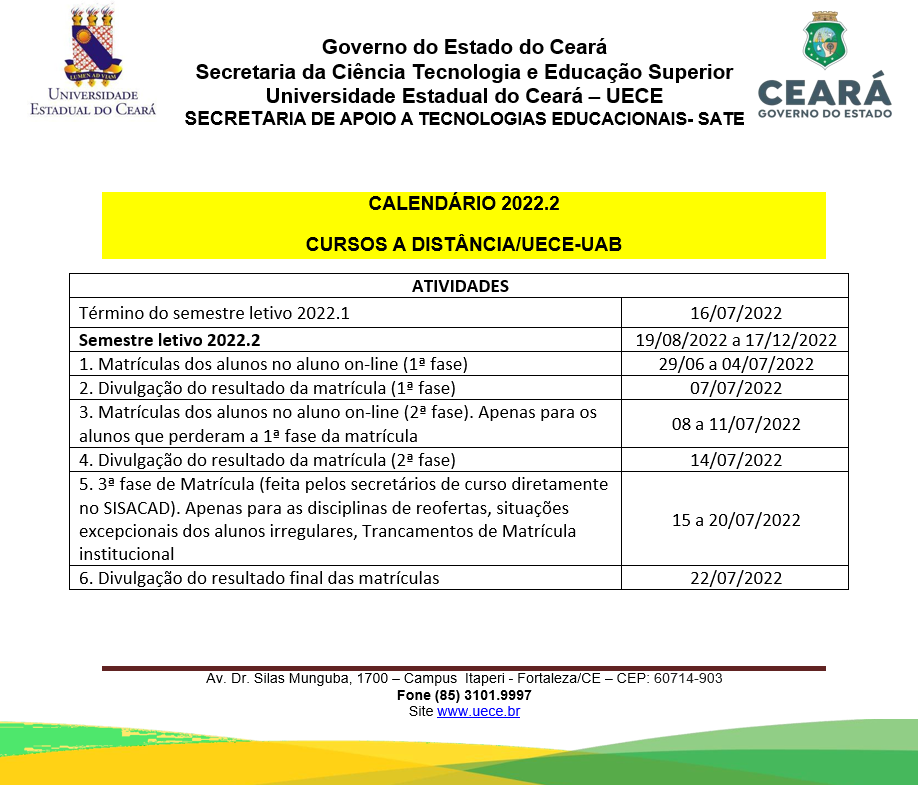 MATRÍCULA 2023.1 – ALUNOS DOS CURSOS DE GRADUAÇÃO UAB/UECE – SATE