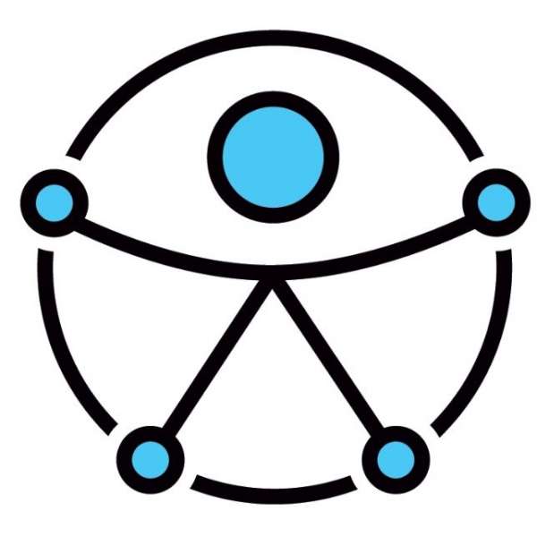 Símbolo internacional da acessibilidade criado pela ONU. Imagem estilizada de forma humana com braços e pernas abertos dentro de um círculo. A cabeça é uma esfera azul e os pés e as mãos são pequenas esferas azuis encostadas no círculo.